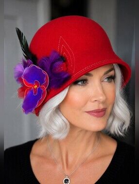Maison Pholya Red Wool Cloche Hat Purple Floral Red Hat Society Style